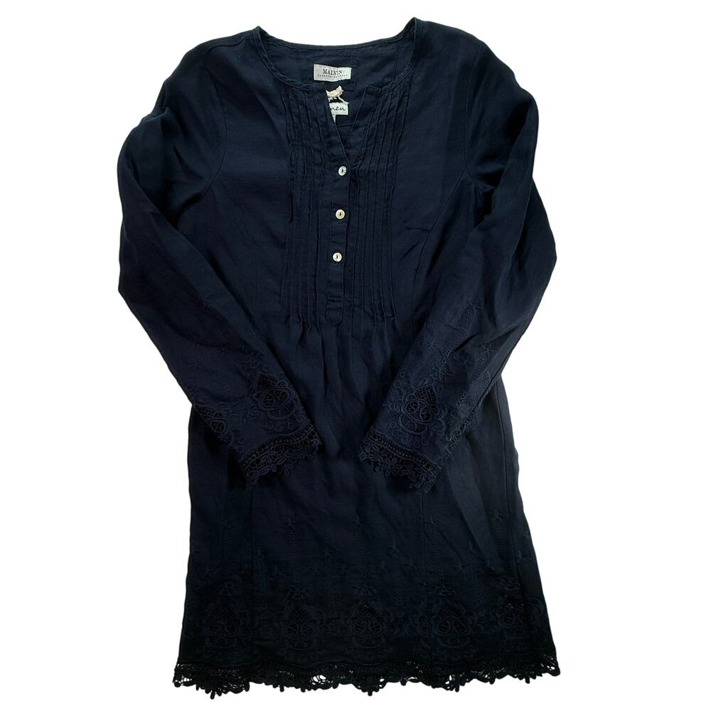 Malvin Hamburg Linen Navy Embroidered Tunic Dress Long Sleeve Boho Size S